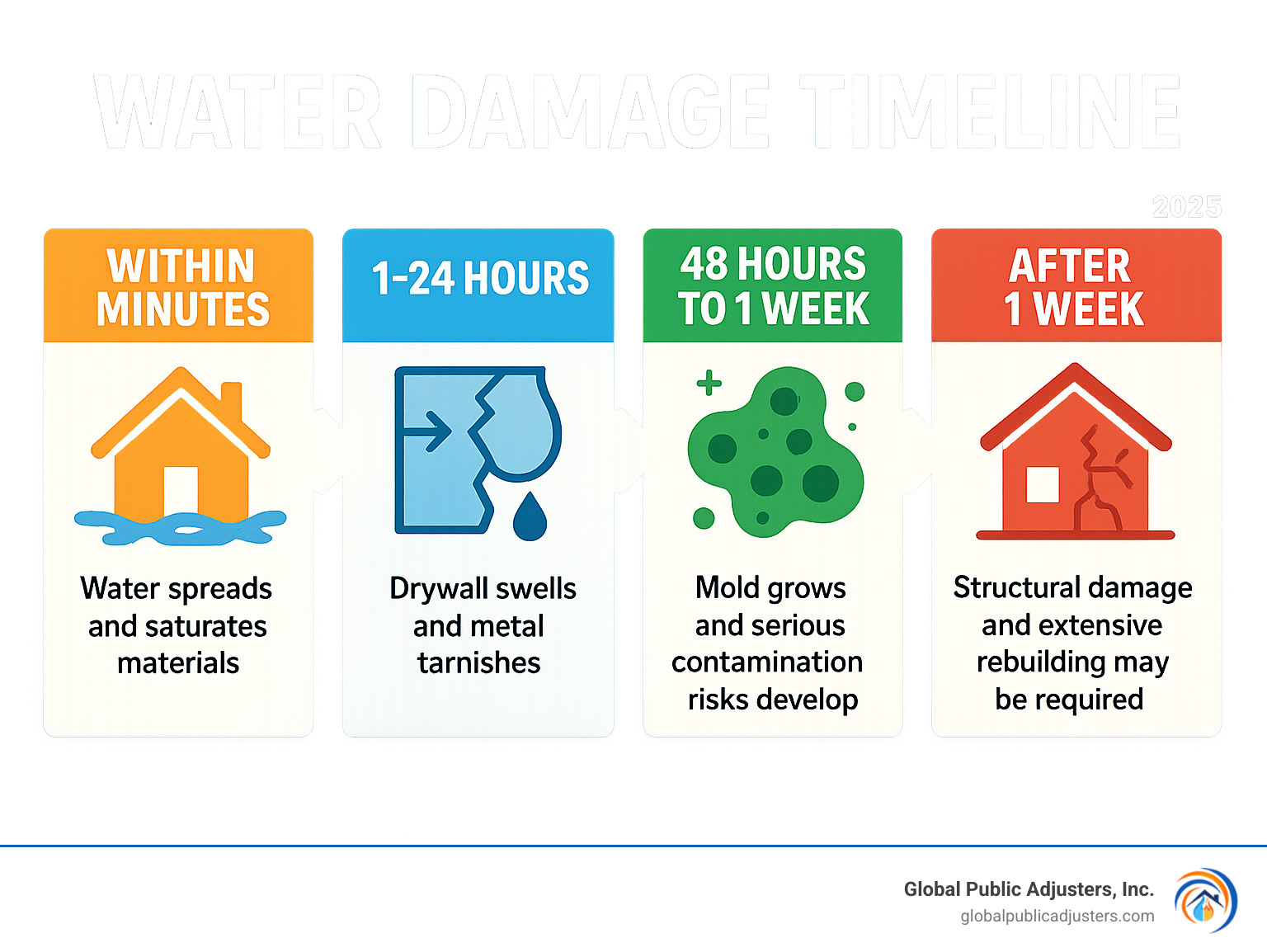 Infographic showing water damage timeline: Within minutes water spreads and saturates materials, 1-24 hours drywall swells and metal tarnishes, 48 hours to 1 week mold grows and serious contamination risks develop, after 1 week structural damage and extensive rebuilding may be required - 24 7 flood response infographic 