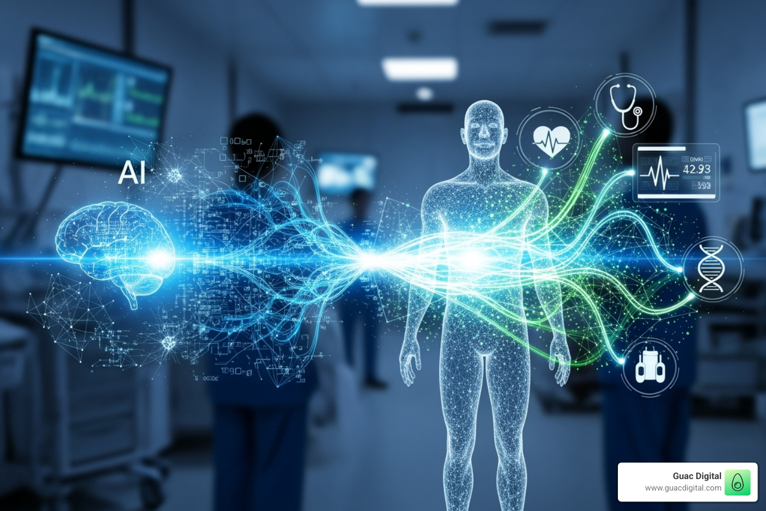 Image illustrating the connection between AI, data, and patient care - healthcare marketing agency
