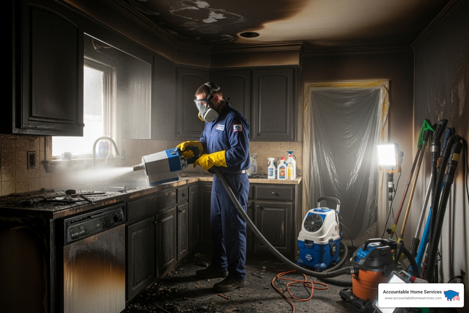 restoration professional in uniform using specialized equipment in a kitchen - kitchen fire damage repair