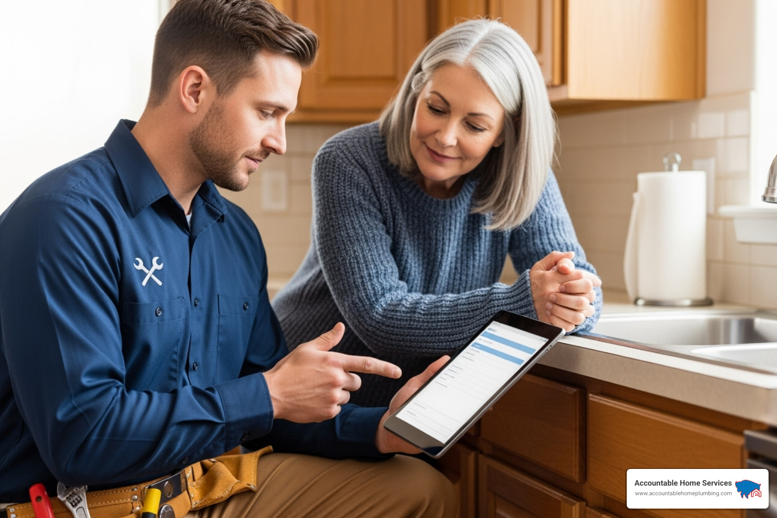 Image of a plumber showing a customer a clear, itemized quote on a tablet - High-quality plumbing Denver