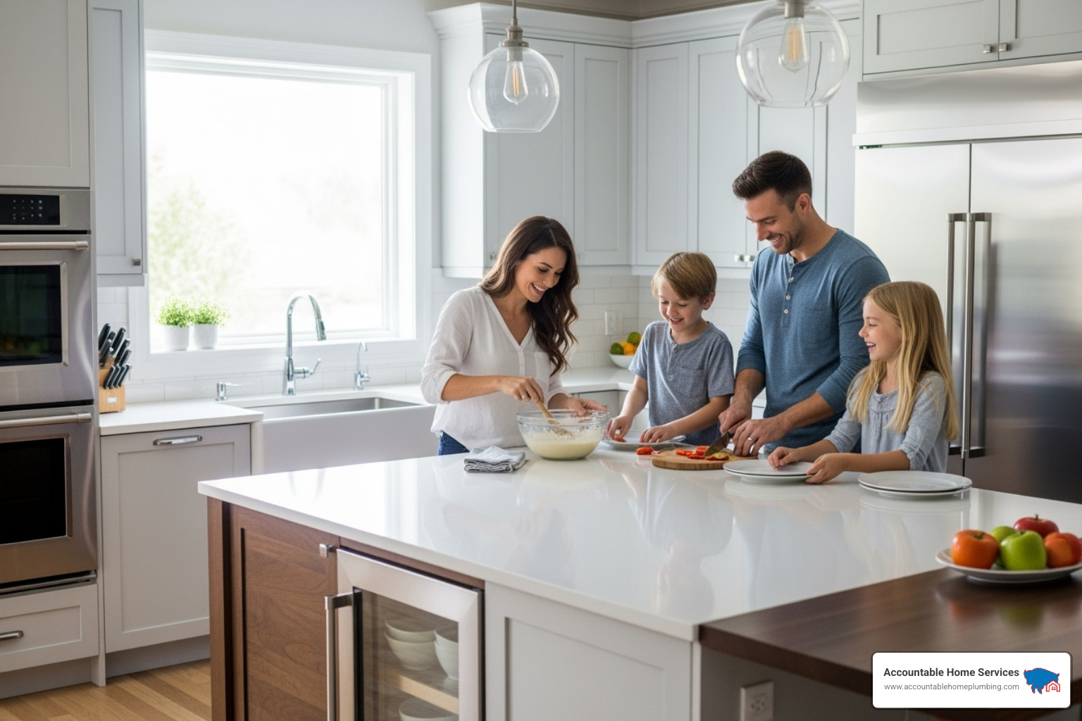 Image of a happy family in a clean, modern kitchen with new fixtures - High-quality plumbing Denver