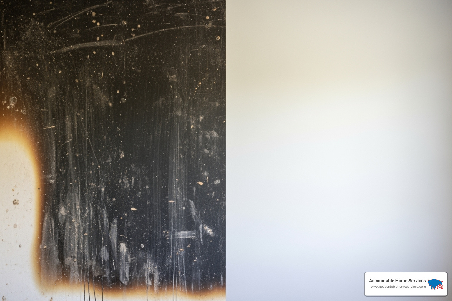 DIY-cleaned wall vs. professionally cleaned wall - kitchen fire damage repair