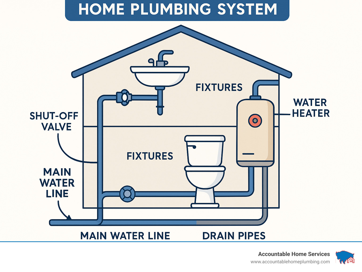 Infographic showing the basic components of a home plumbing system including main water line, water heater, supply pipes, drain pipes, fixtures like sinks and toilets, shut-off valves, and connection points throughout a typical home layout - plumbing supply thornton co infographic 