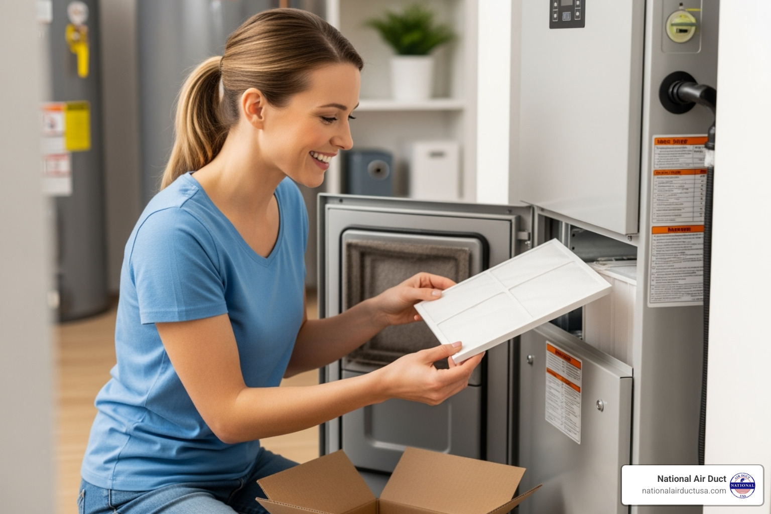 A homeowner happily changing a furnace filter, emphasizing simple DIY tasks - Disinfect HVAC system