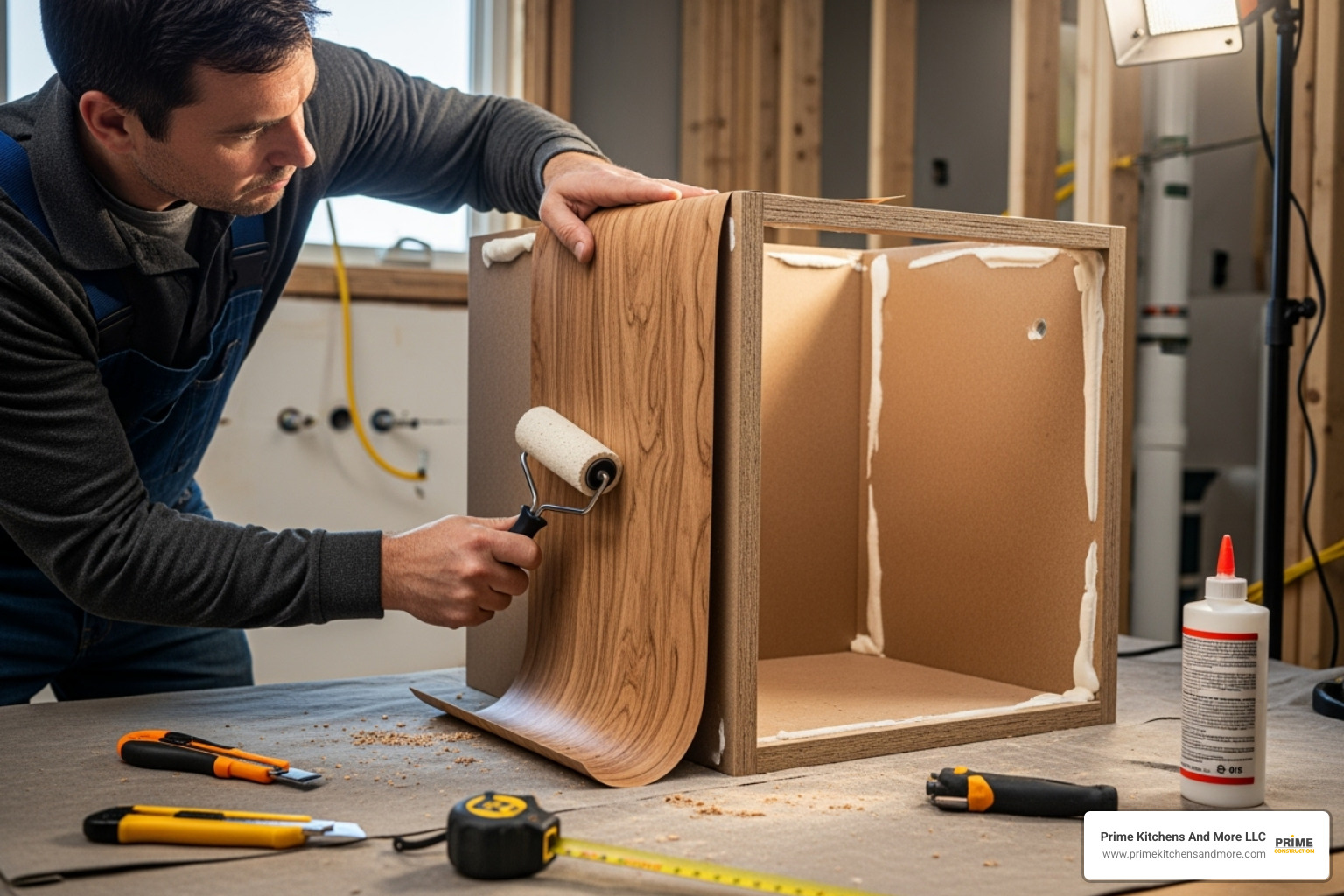 contractor carefully applying a new veneer to a bathroom cabinet box - Bathroom cabinet refacing Orlando