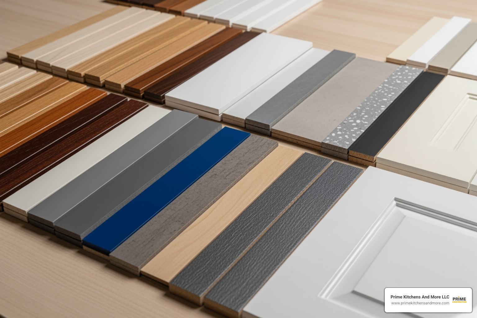 various material samples like wood veneers, laminates, and thermofoil in different colors and textures - Bathroom cabinet refacing Orlando