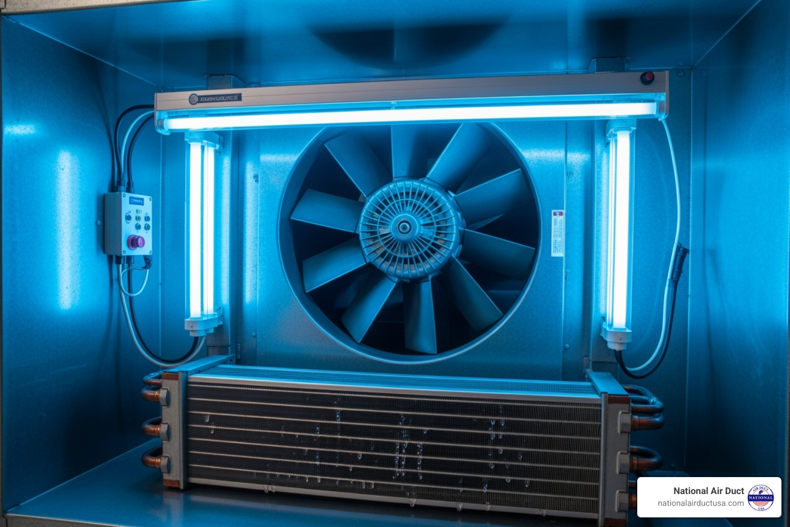 UV-C light installed inside an air handler unit, illuminating the interior - Disinfect HVAC system