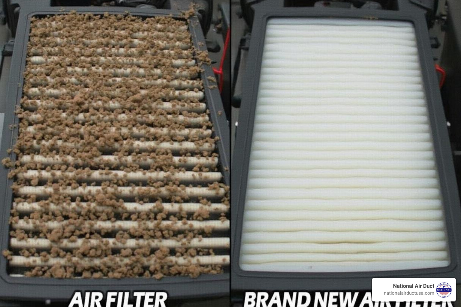 A dirty, clogged air filter next to a clean one, highlighting the contrast - Disinfect HVAC system