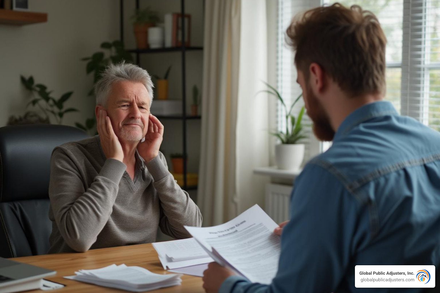 Person looking relieved while professional reviews documents - public adjusters in Florida
