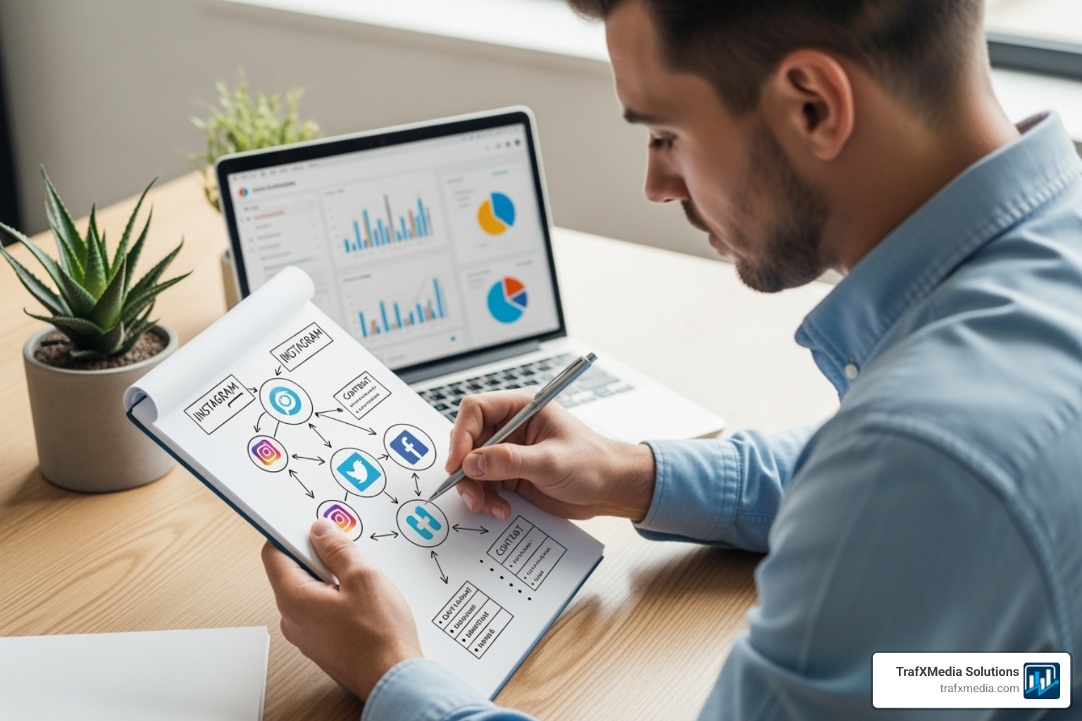 focused entrepreneur sketching social media strategy - setting up social media for small business