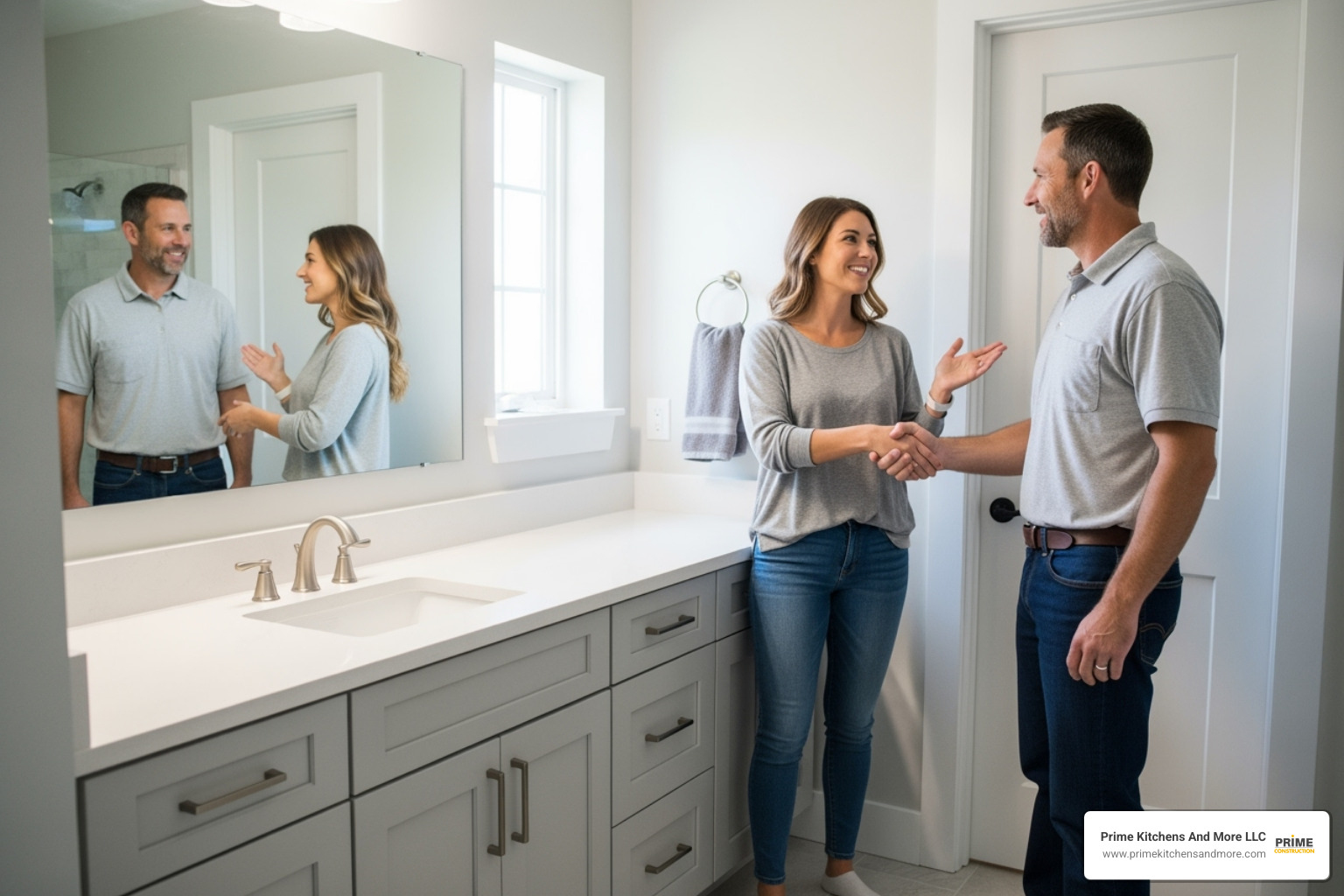 homeowner happily shaking hands with a contractor in a newly refaced bathroom - Bathroom cabinet refacing Orlando