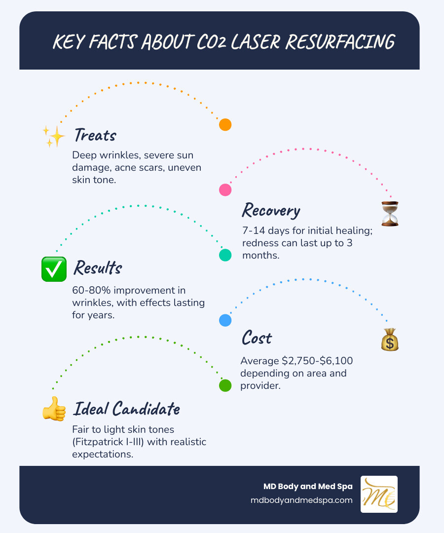Comprehensive infographic showing CO2 laser resurfacing benefits including 60-80% wrinkle improvement, 7-14 day recovery timeline, ideal candidates with fair to light skin tones, common side effects like redness and swelling, and average costs ranging from $2,750-$6,100 - co2 laser resurfacing infographic infographic-line-5-steps-blues-accent_colors