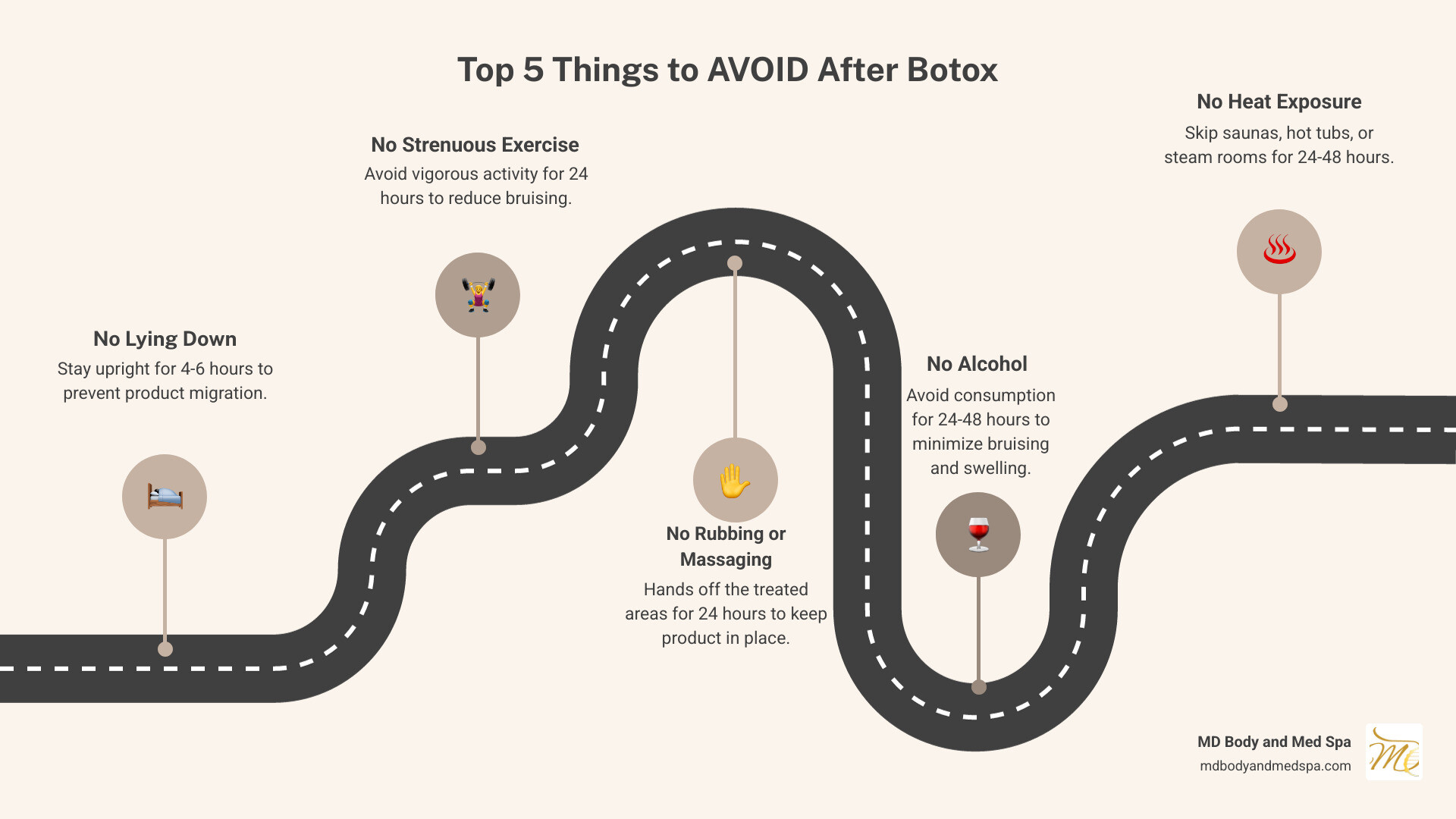 Infographic showing top 5 things to avoid after Botox with timeframes: No lying down for 4-6 hours, no strenuous exercise for 24 hours, no rubbing treated areas for 24 hours, no alcohol for 24-48 hours, and no heat exposure for 24-48 hours - what not to do after botox infographic roadmap-5-steps