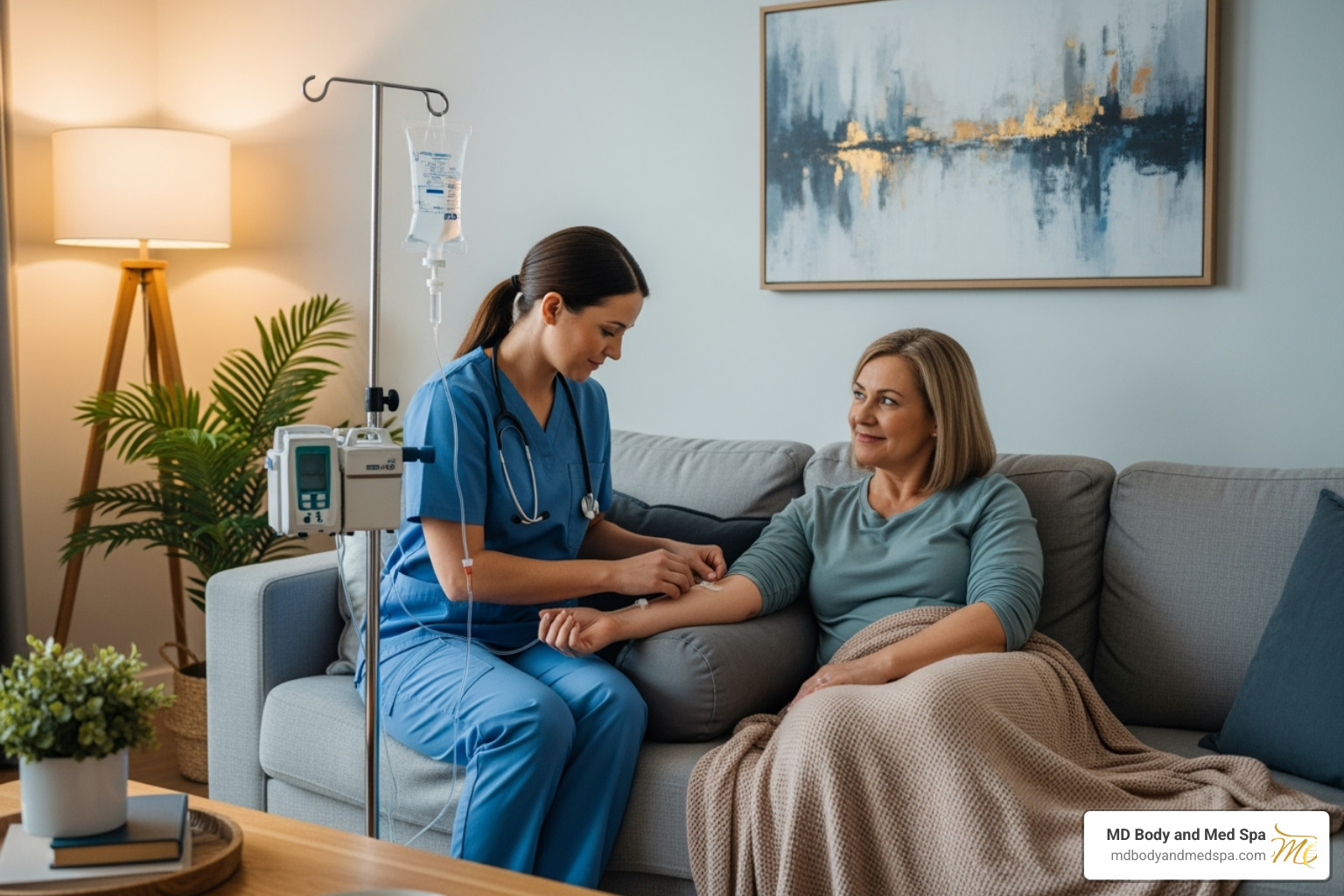 registered nurse administering an IV drip in a comfortable living room setting - mobile iv clinic near me