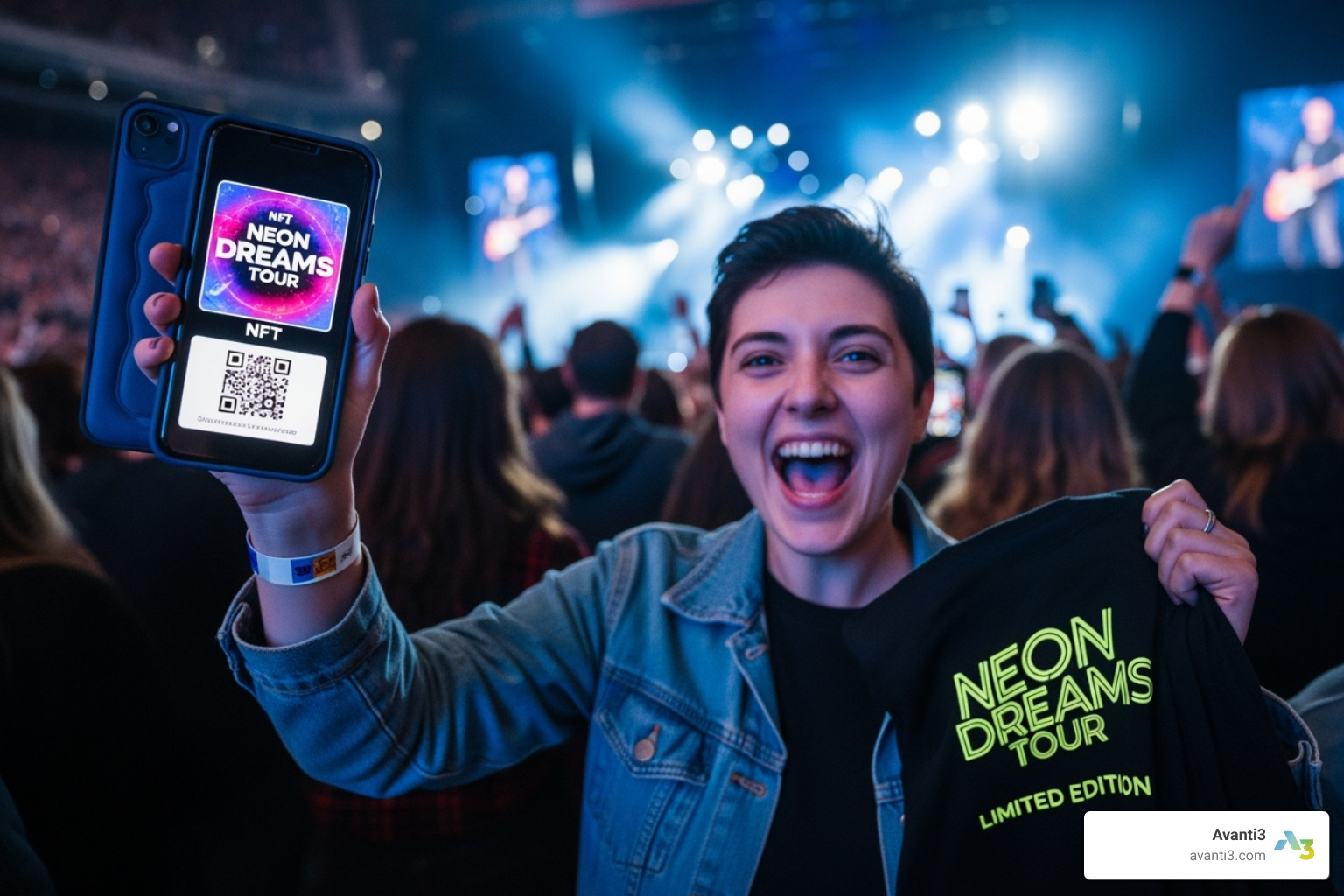 Fan using NFT ticket for exclusive merchandise - hidden fees and blockchain and event ticketing and transparency