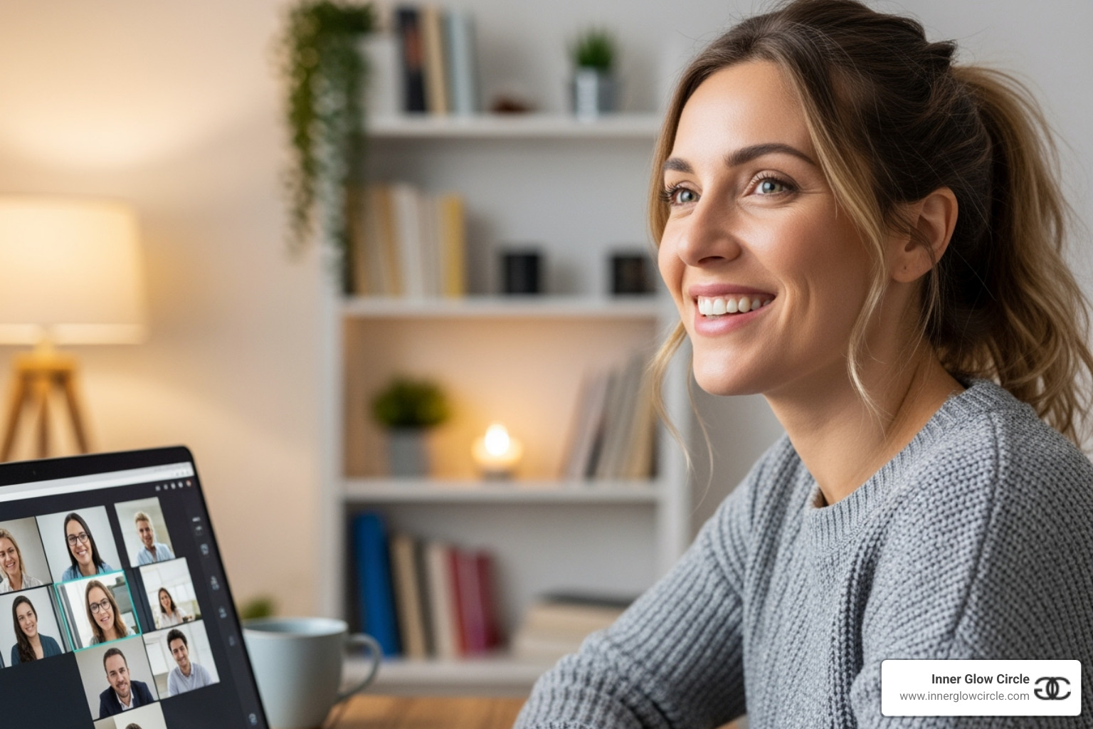 woman smiling while on a video call on her laptop - self development coach for single women