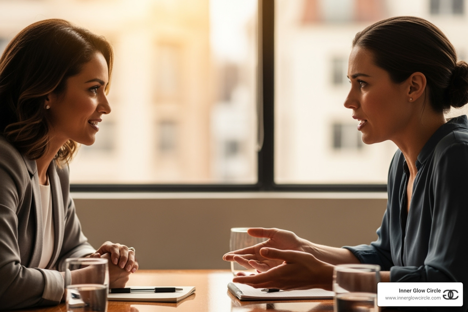 two women having an empowering conversation in a coaching session - self development coach for single women