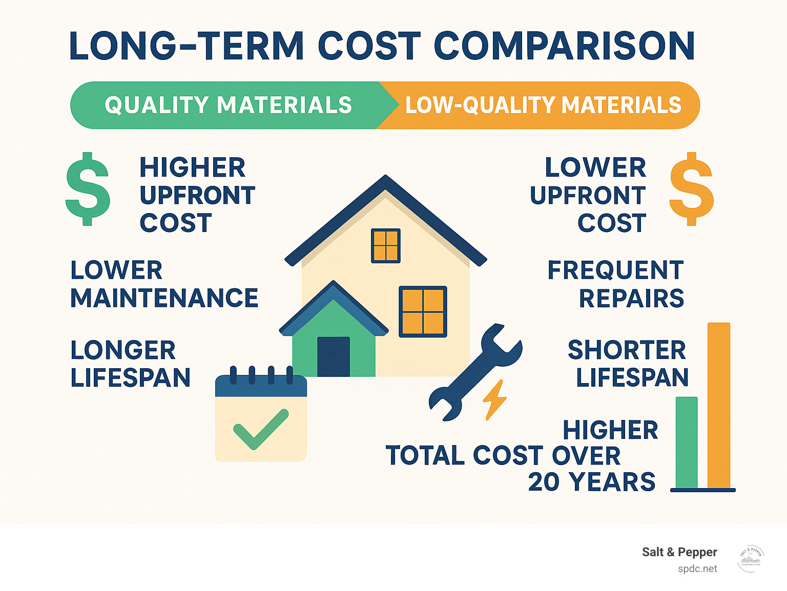 Infographic showing long-term cost comparison between quality materials (higher upfront cost, lower maintenance, longer lifespan) versus low-quality materials (lower upfront cost, frequent repairs, shorter lifespan, higher total cost over 20 years) - Quality construction materials infographic Infographic showing long-term cost comparison between quality materials (higher upfront cost, lower maintenance, longer lifespan) versus low-quality materials (lower upfront cost, frequent repairs, shorter lifespan, higher total cost over 20 years) - Quality construction materials infographic