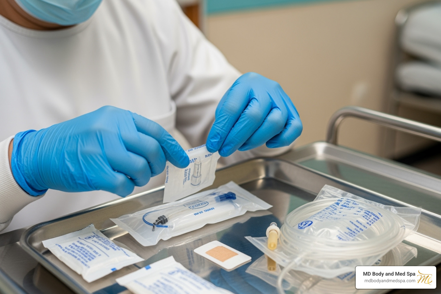 medical professional preparing a sterile IV kit - mobile iv clinic near me