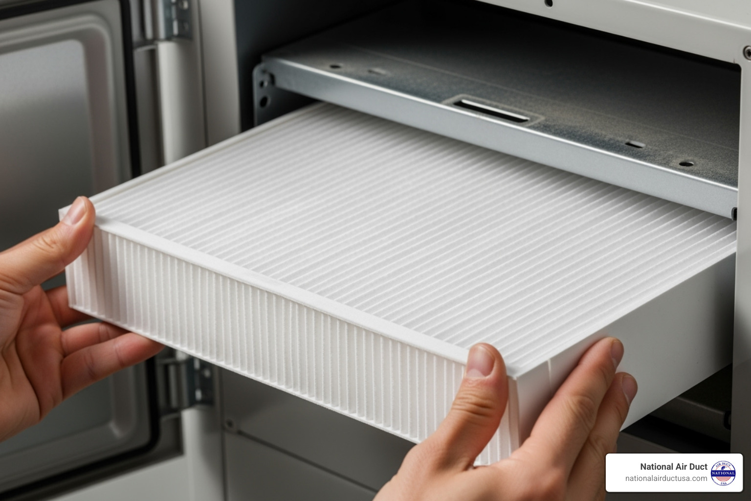 High-efficiency HEPA filter being installed in an HVAC unit - can you spray disinfectant in air ducts