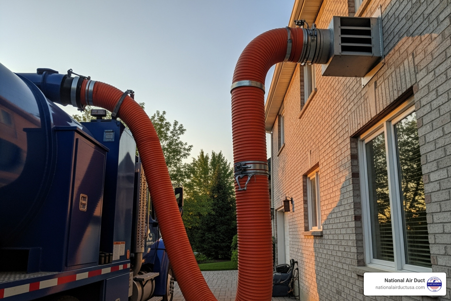 Powerful truck-mounted duct cleaning vacuum hose connected to a home's ductwork - can you spray disinfectant in air ducts