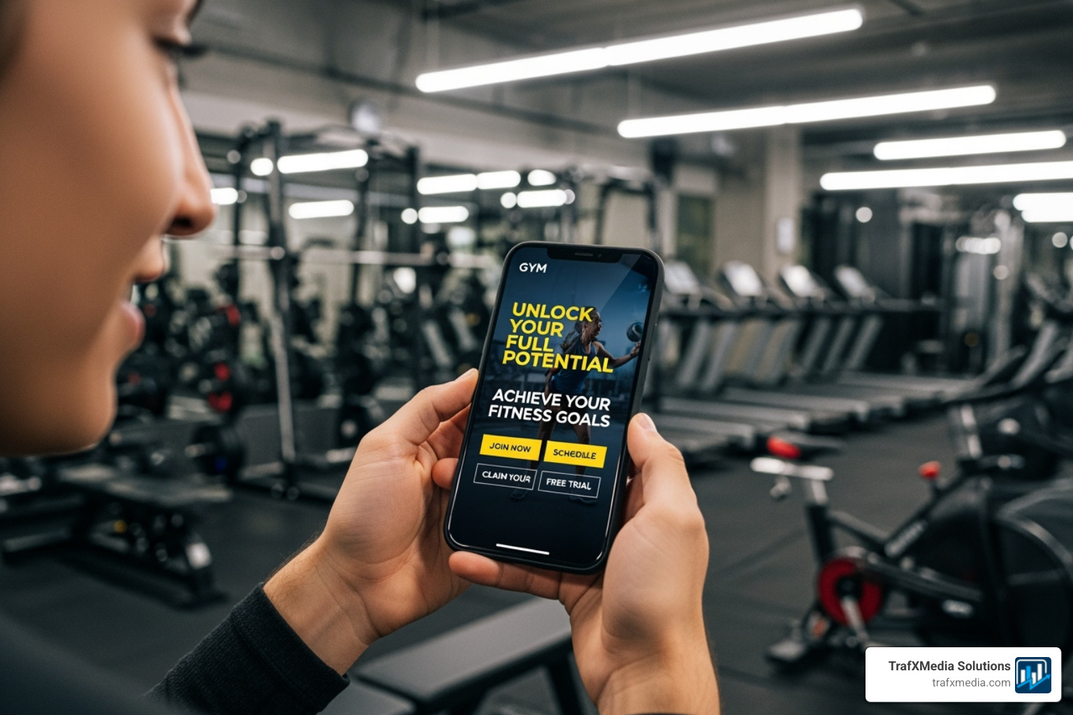A person on a smartphone viewing a professionally designed gym email with clear calls-to-action, in a modern gym setting. - email marketing for gyms
