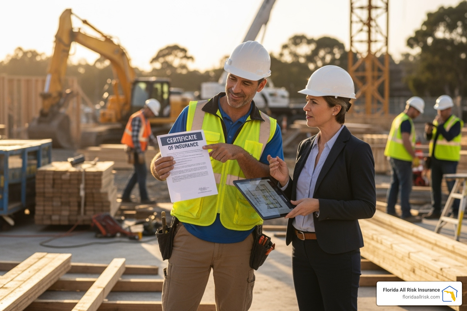 contractor showing a certificate of insurance to a client at a job site - liability insurance policy