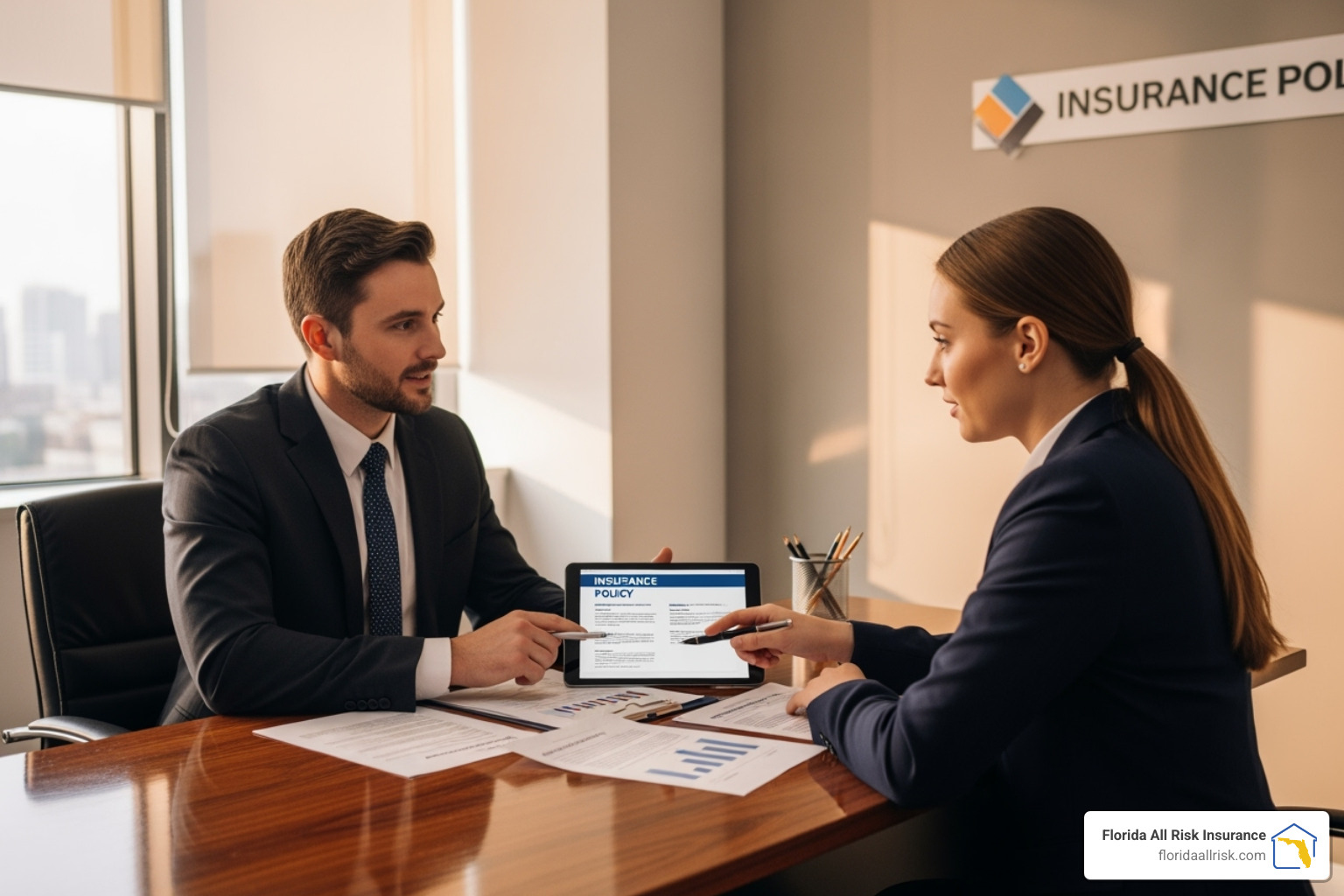 insurance agent discussing a policy with a small business owner - liability insurance policy