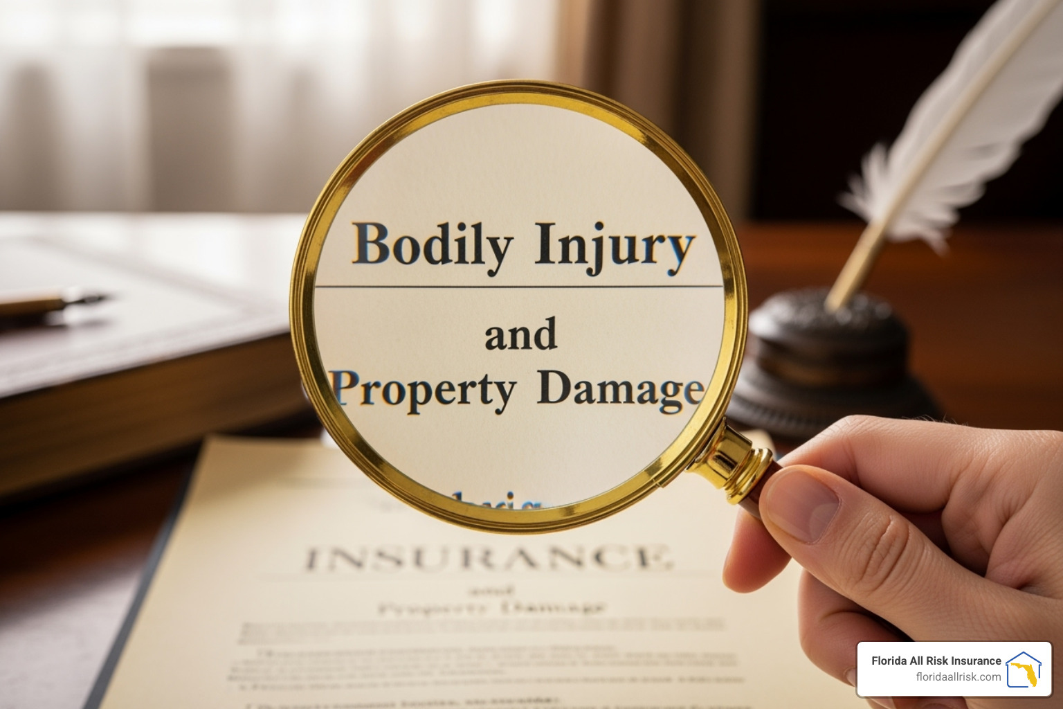 magnifying glass over an insurance policy document, highlighting the words "Bodily Injury" and "Property Damage" - liability insurance policy