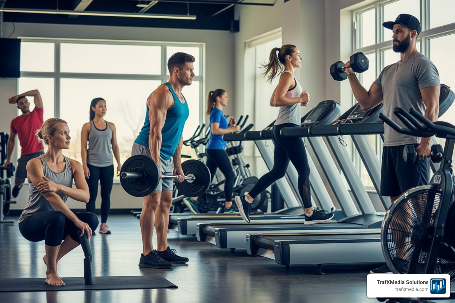 An image illustrating audience segmentation with icons representing different fitness interests like yoga, weightlifting, new members, and at-risk members, all featuring Caucasian people. - email marketing for gyms