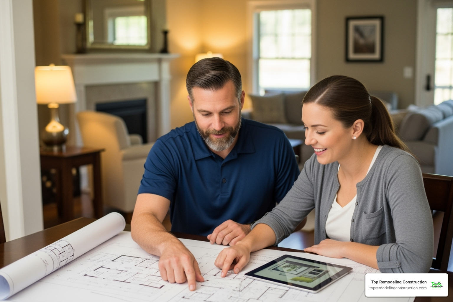 contractor and homeowner happily reviewing blueprints - home renovations company contractor and homeowner happily reviewing blueprints - home renovations company
