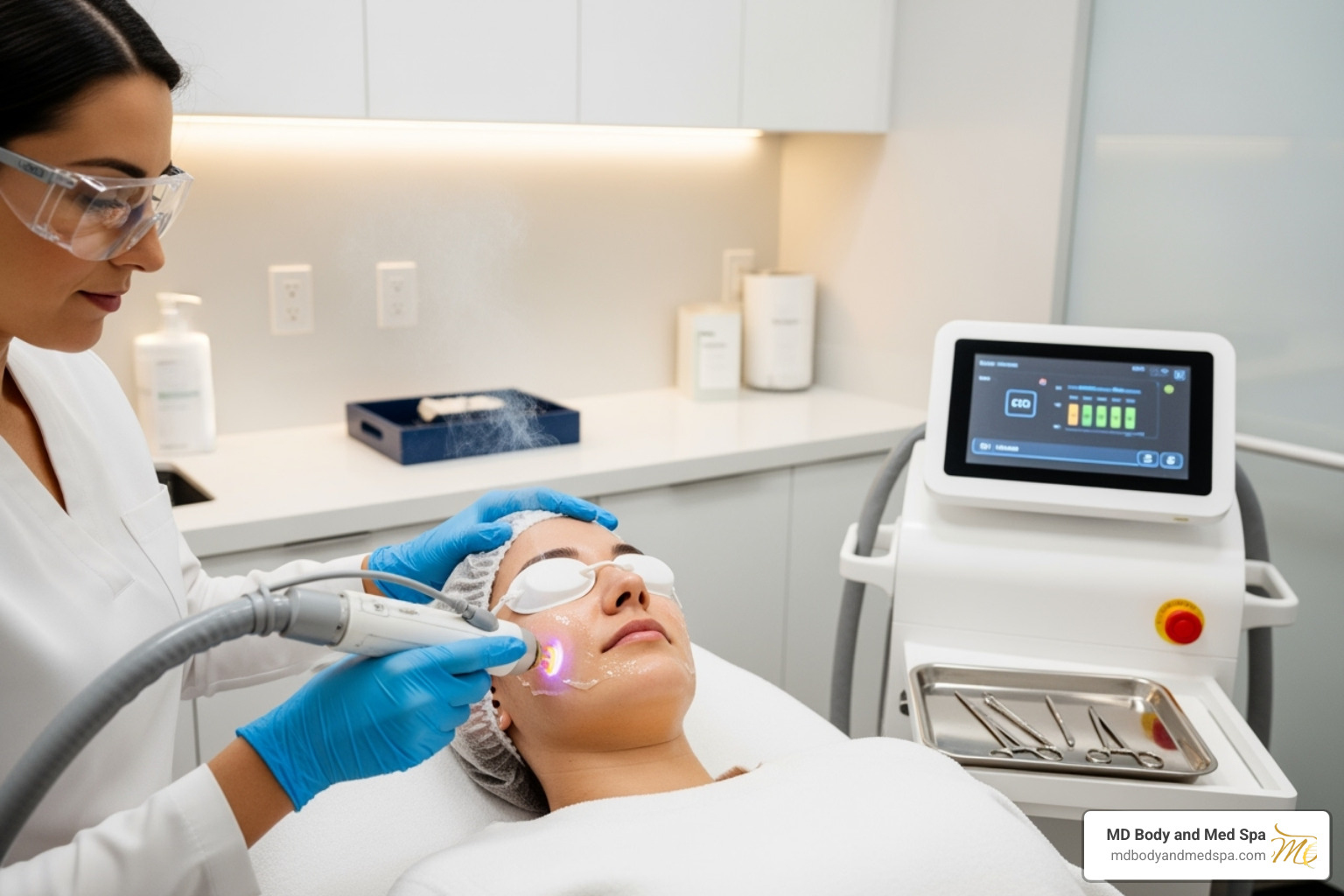 patient comfortably undergoing a laser procedure with a provider - co2 laser resurfacing