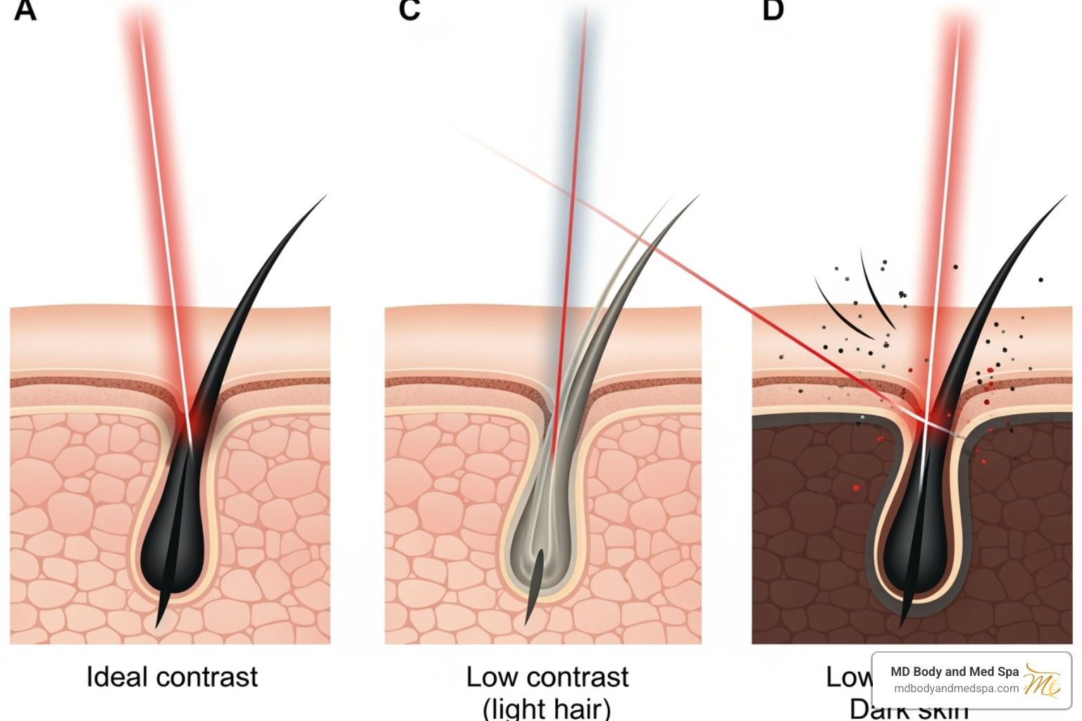 diagram of ideal vs. less ideal hair/skin color combinations for laser treatment - body laser hair removal