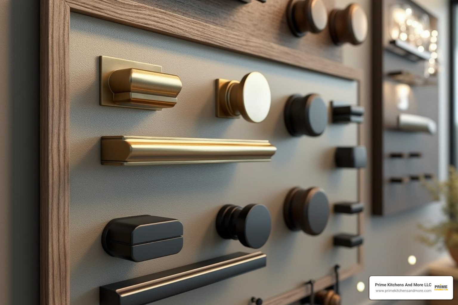 display board showcasing various hardware styles and finishes, from modern gold to rustic bronze - Kitchen cabinet hardware Orlando