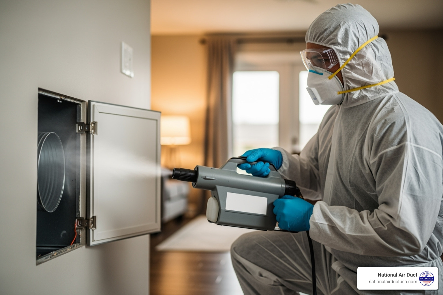 image of a certified technician using a professional fogger to apply disinfectant into an air duct opening - disinfectant spray for air ducts
