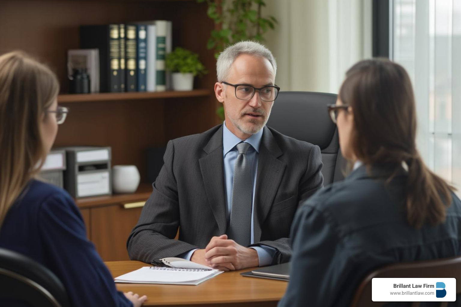 A confident attorney meeting with a concerned couple in an office setting.