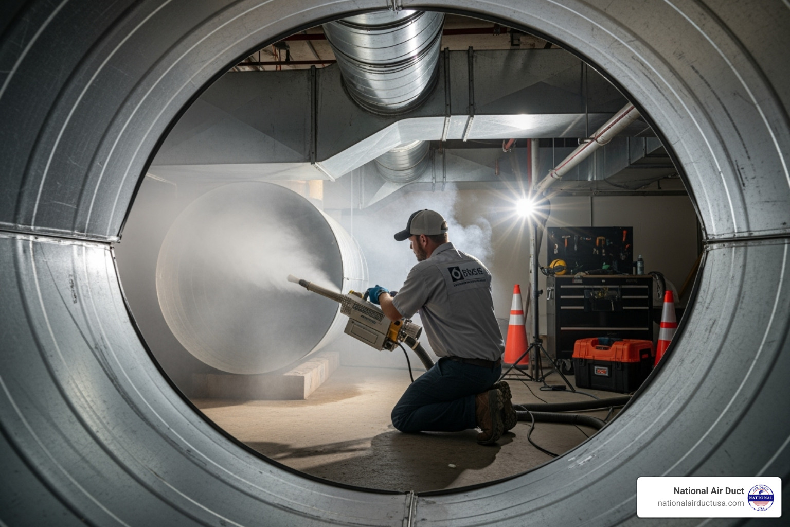 technician in uniform with professional fogging equipment - air duct sanitizing