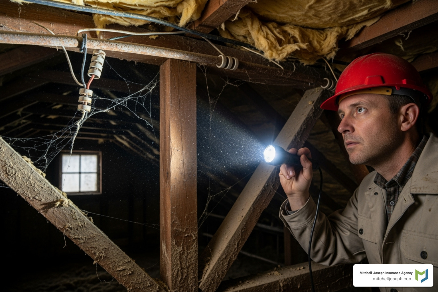 Home inspector examining the attic of an old house - Home insurance for old homes