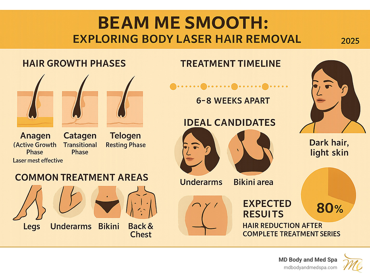 Comprehensive infographic showing the laser hair removal process: three hair growth phases (Anagen active growth phase where laser is most effective, Catagen transitional phase, and Telogen resting phase), treatment timeline of 6-8 sessions spaced 6-8 weeks apart, ideal candidates with dark hair and light skin, common treatment areas including legs, underarms, bikini area, back and chest, and expected results showing 80% hair reduction after complete treatment series - body laser hair removal infographic 