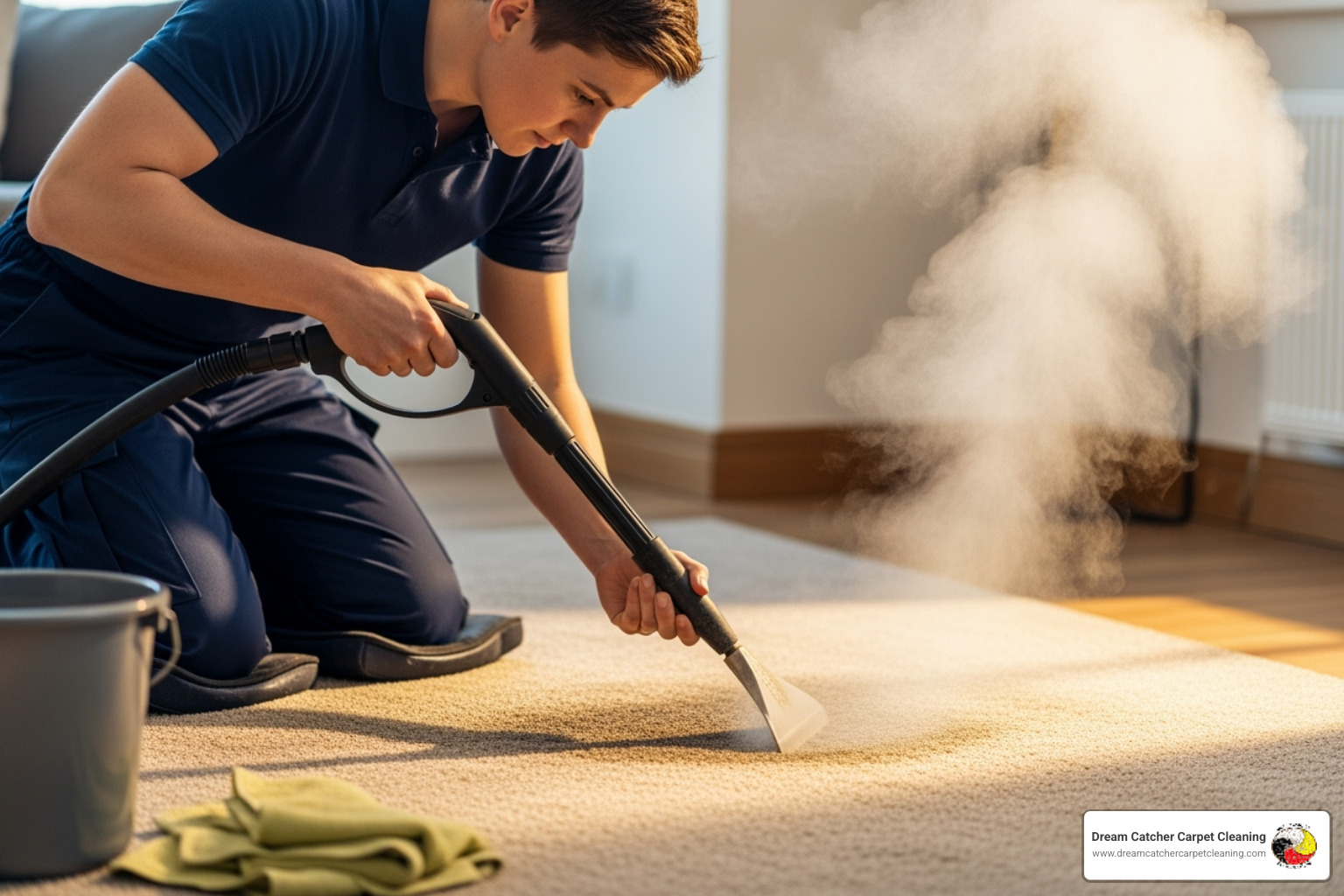 Technician using a steam cleaner on a carpet - carpet cleaners brighton co