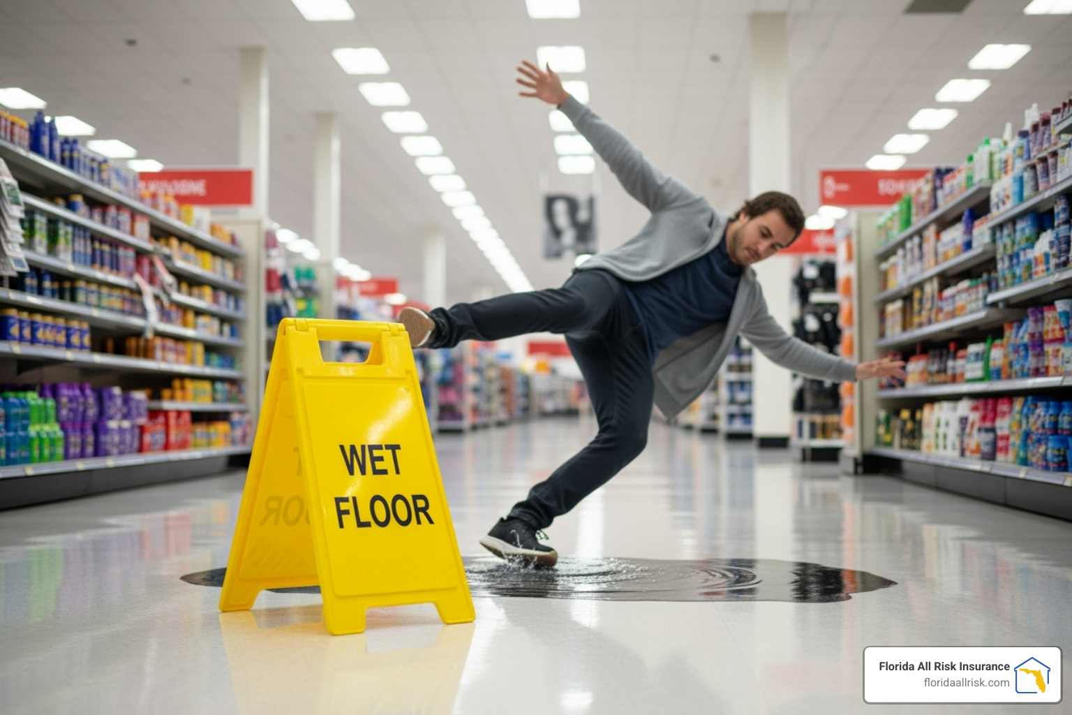 Customer slipping on a wet floor in a retail store, an example of a bodily injury claim covered by CGL