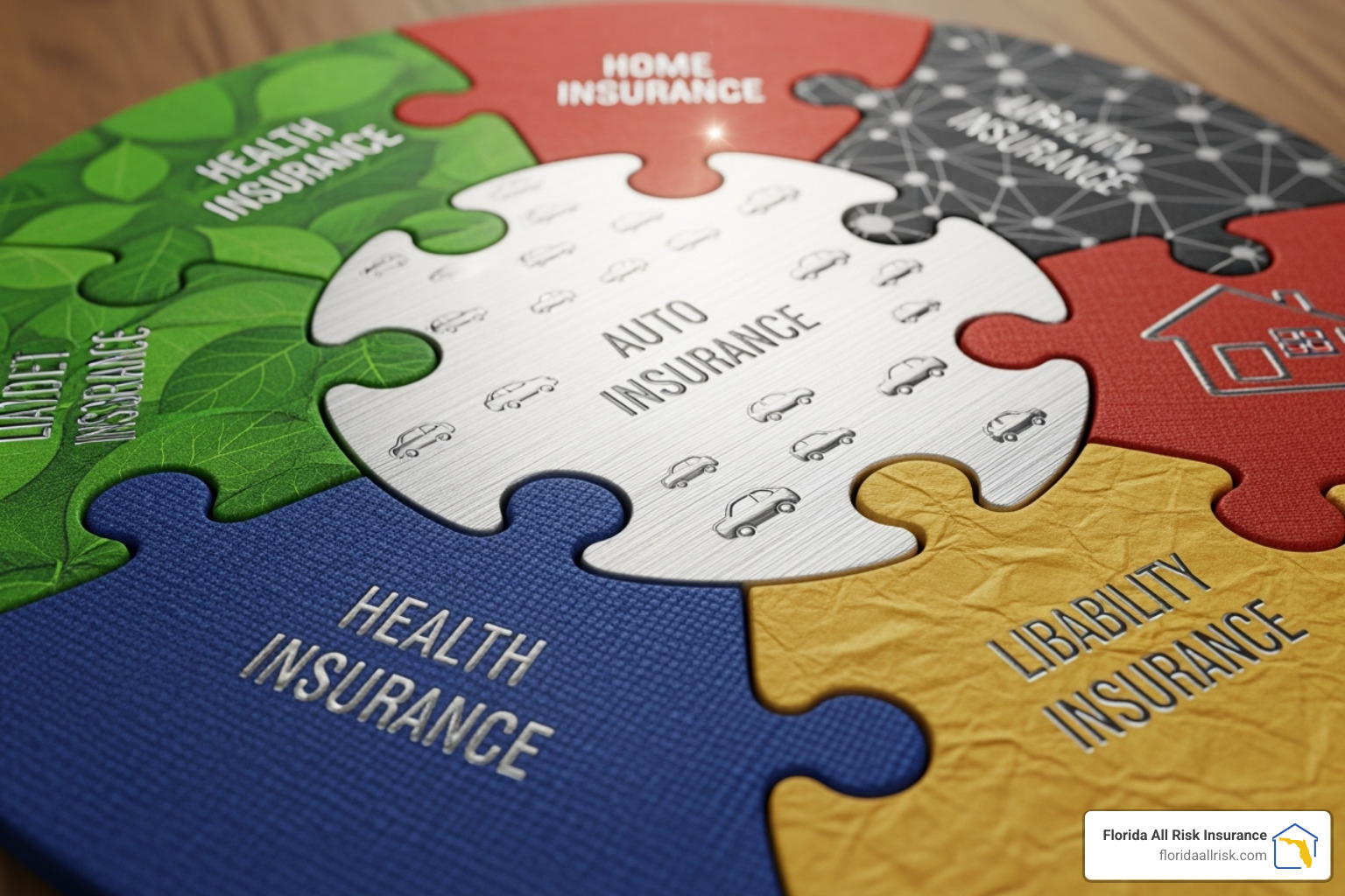 Interlocking puzzle pieces labeled with different insurance types, showing how they fit together to create complete coverage