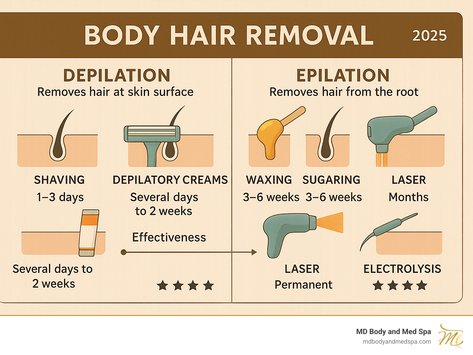 Comprehensive infographic showing the difference between temporary depilation methods (shaving, depilatory creams) that remove hair at skin surface versus epilation methods (waxing, sugaring, laser, electrolysis) that remove hair from the root, with duration timelines and effectiveness ratings for each method - body hair removal infographic 
