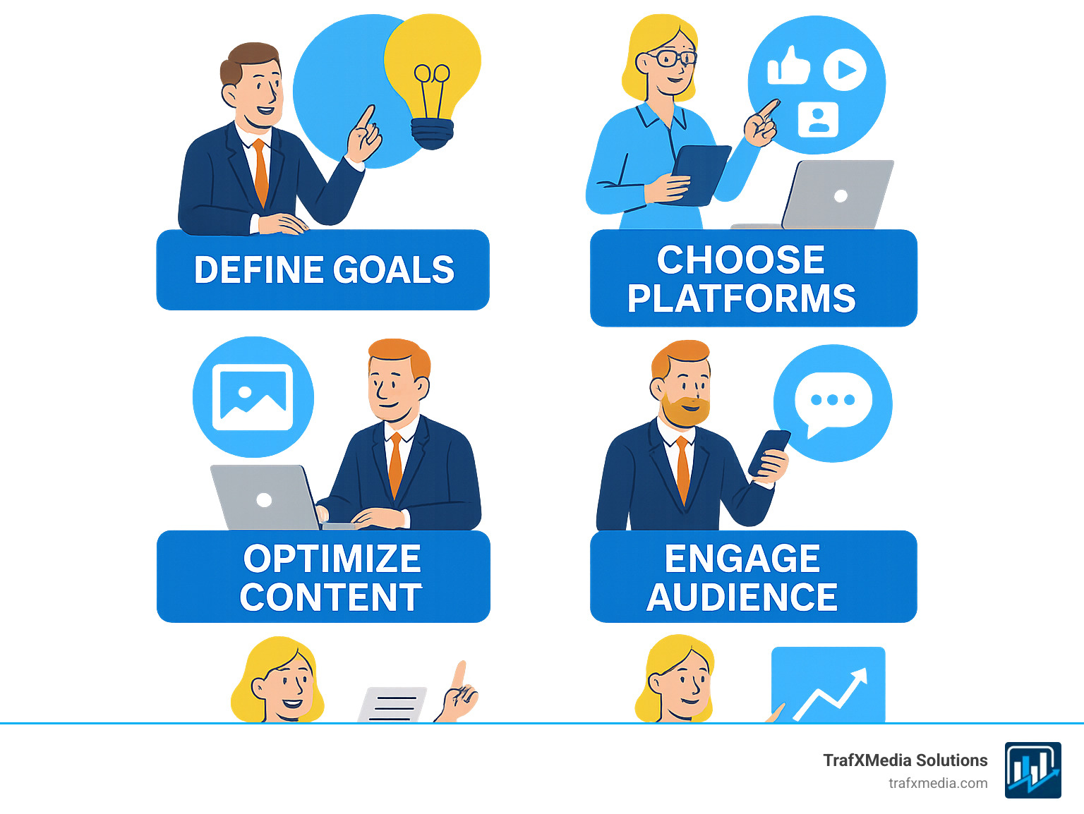 Infographic showing the step-by-step process of setting up social media for small businesses, featuring icons for goal setting, platform selection, profile optimization, content creation, audience engagement, and performance tracking, with predominantly Caucasian business professionals demonstrating each step - setting up social media for small business infographic 