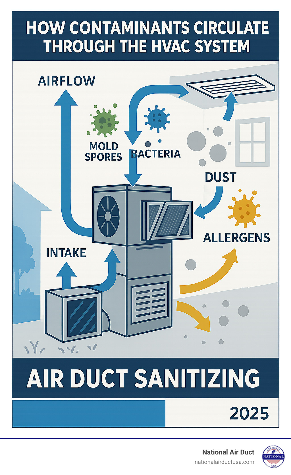 Detailed infographic showing how contaminants like mold spores, bacteria, dust, and allergens circulate through a home's HVAC system from intake to distribution through vents, with arrows indicating airflow patterns and contamination points - air duct sanitizing infographic 