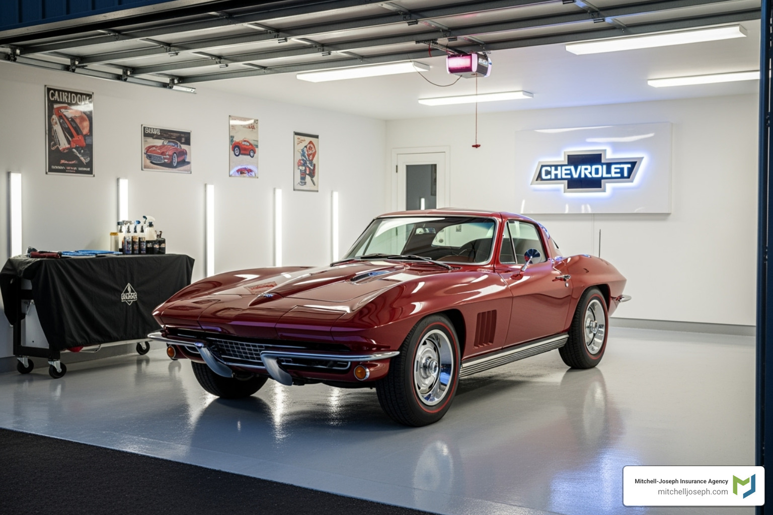 classic car being securely stored in an enclosed garage - Classic car insurance multi-vehicle