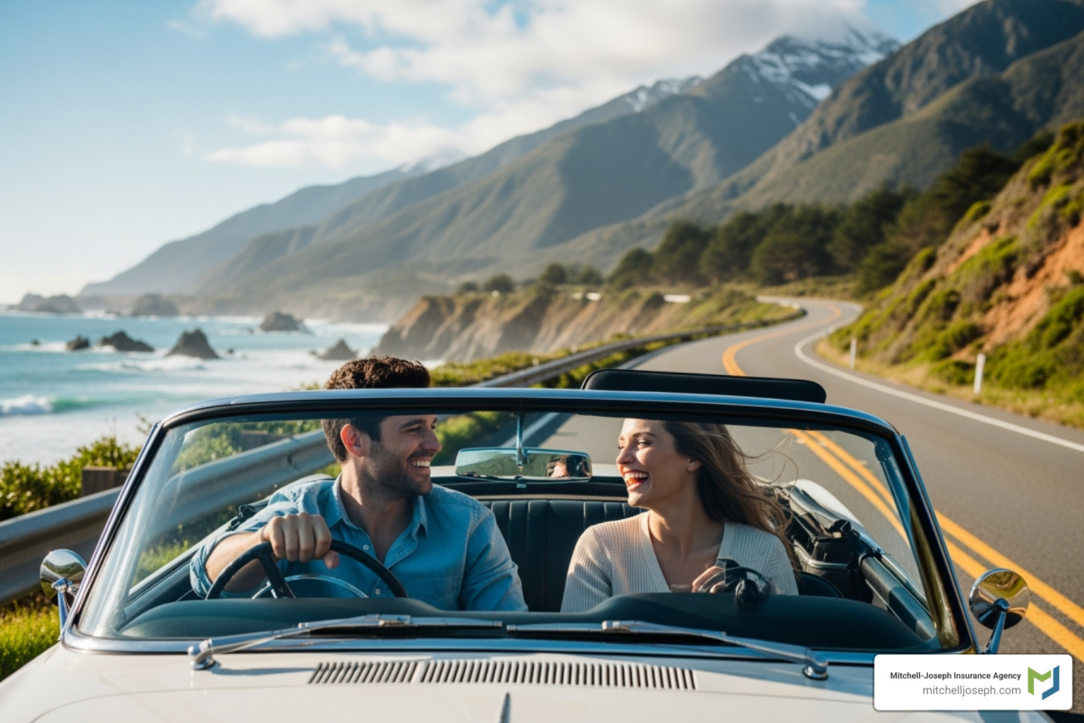 happy couple driving a classic convertible down a scenic road - Classic car insurance multi-vehicle