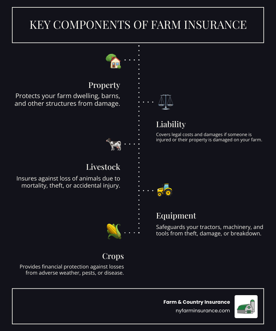 Infographic showing four key components of farm insurance: Property, Liability, Livestock, and Equipment. - small farm insurance cost infographic infographic-line-5-steps-dark