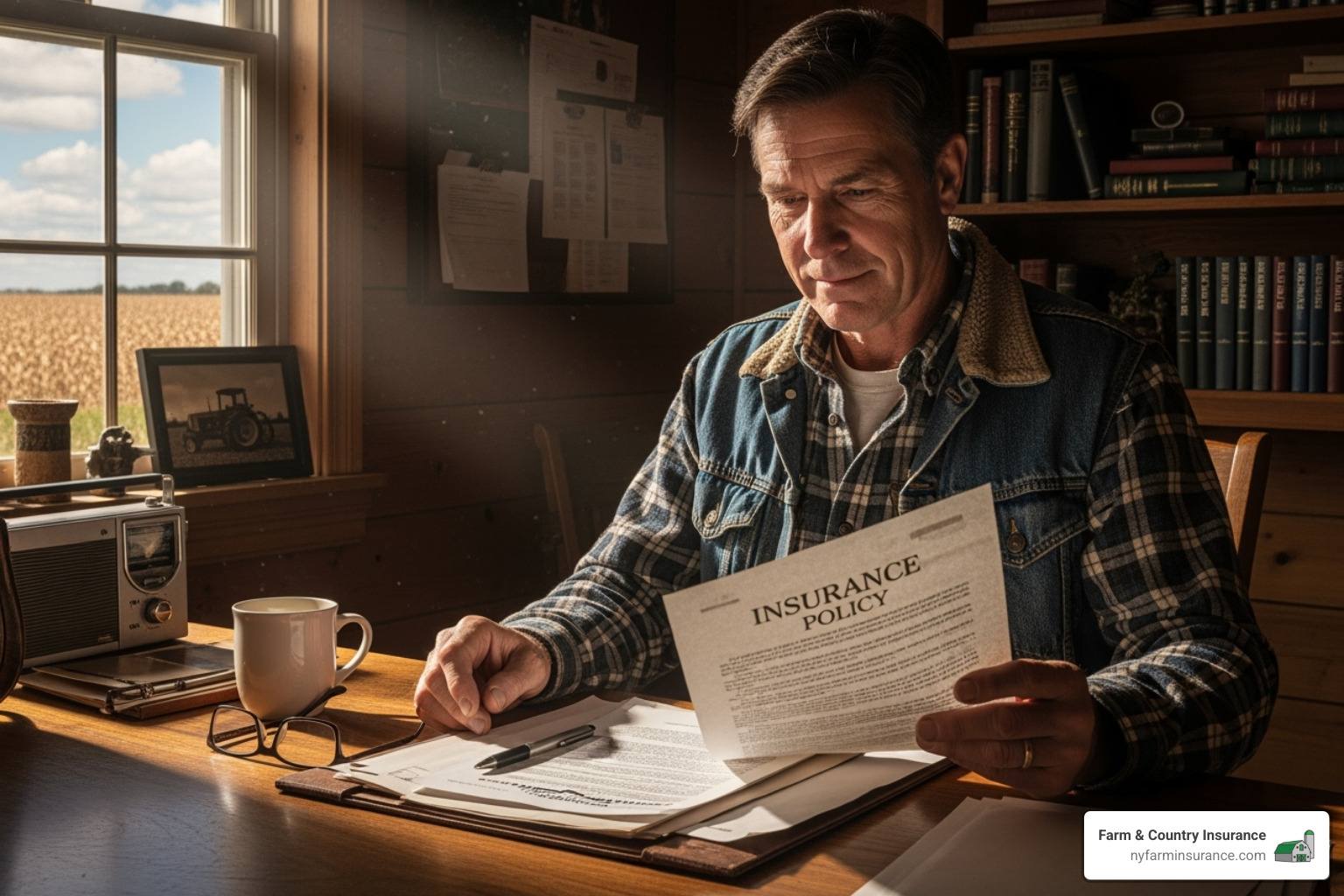 A farmer sits at a desk, reviewing an insurance policy document with a thoughtful expression. - small farm insurance cost