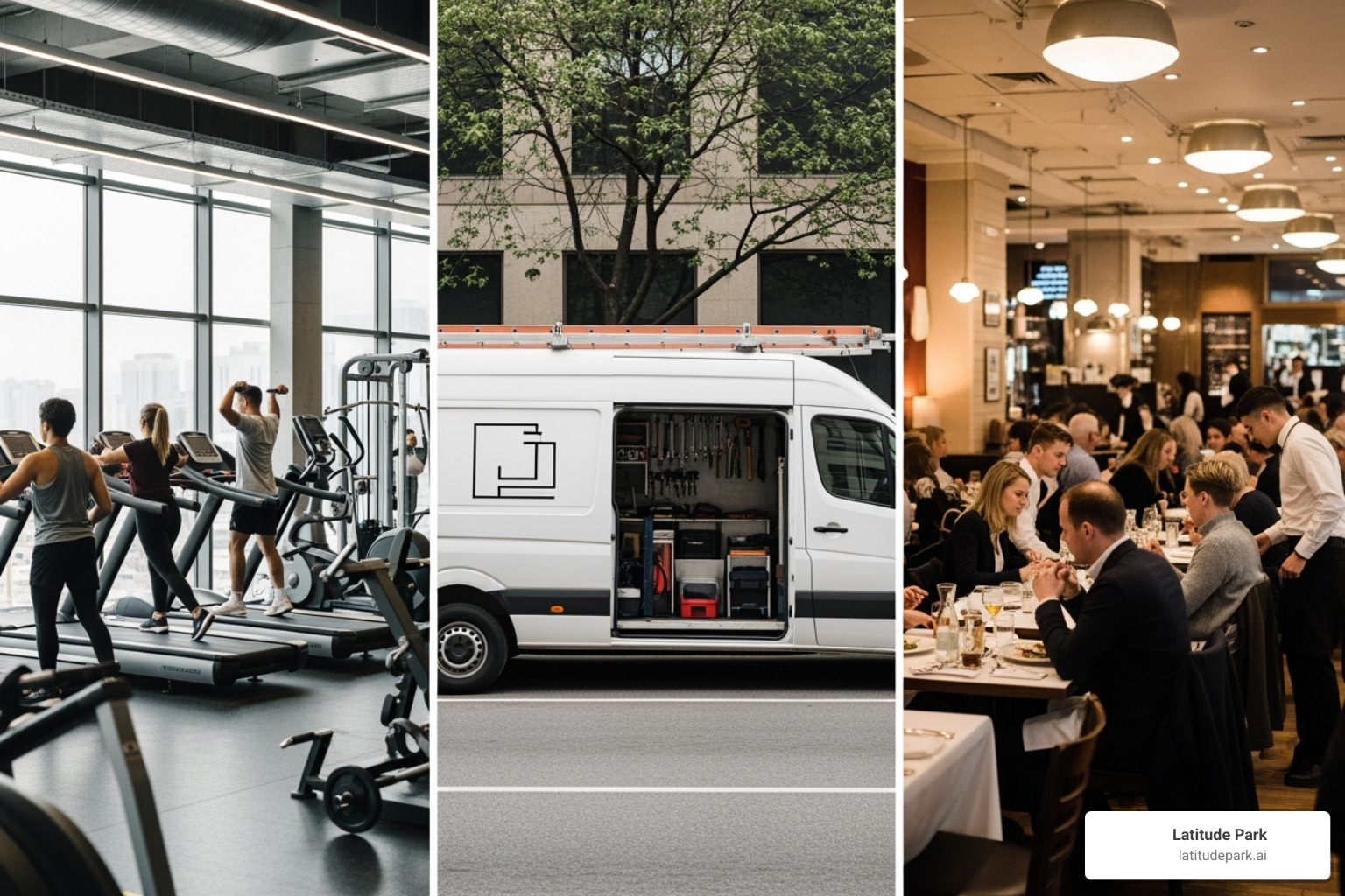 A collage of different franchise types: a fitness studio, a mobile van, a restaurant - Franchisee success stories